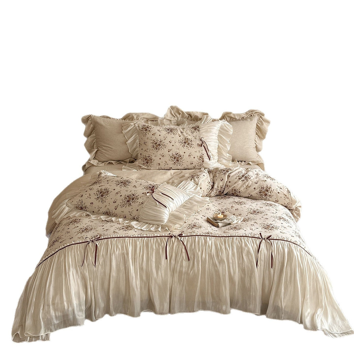 Bedding set with pleated satin bed skirt and vintage floral print — product view 5