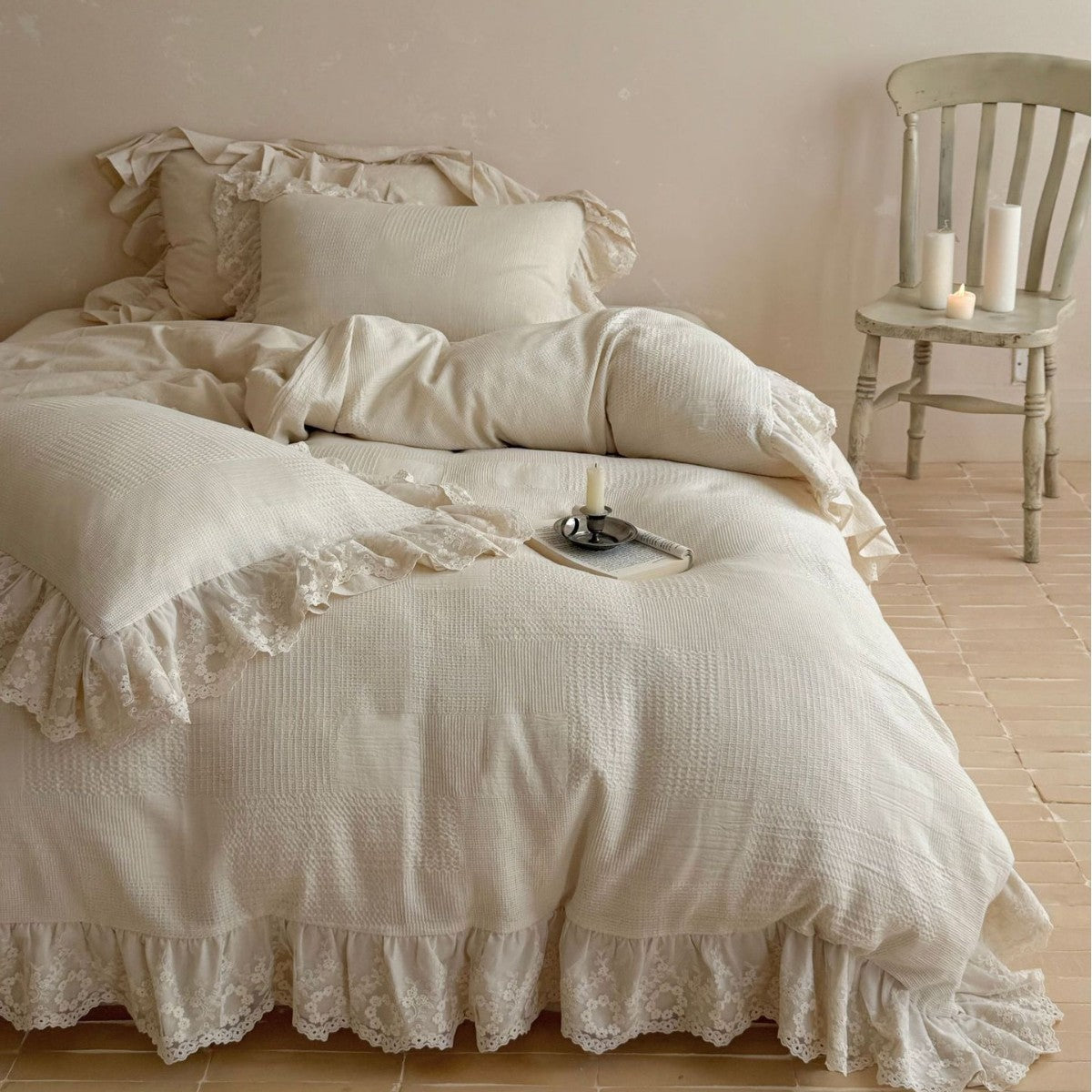 Cotton waffle bedding with floral lace ruffle and wavy hem — product view 3