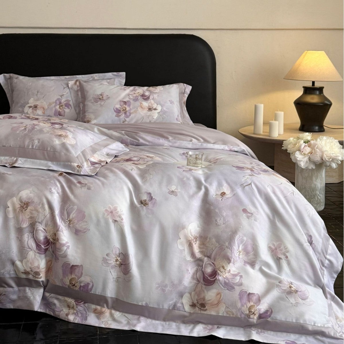 Luxurious satin bedding set with floral all-over pattern and satin border — product view 1
