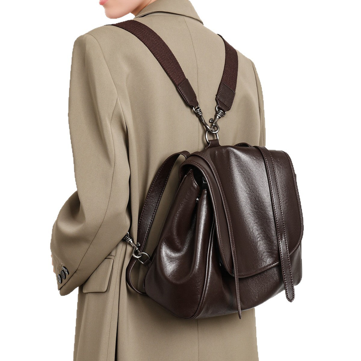 Structured Flap-Top Leather Shoulder Satchel with Convertible Straps — product view 5