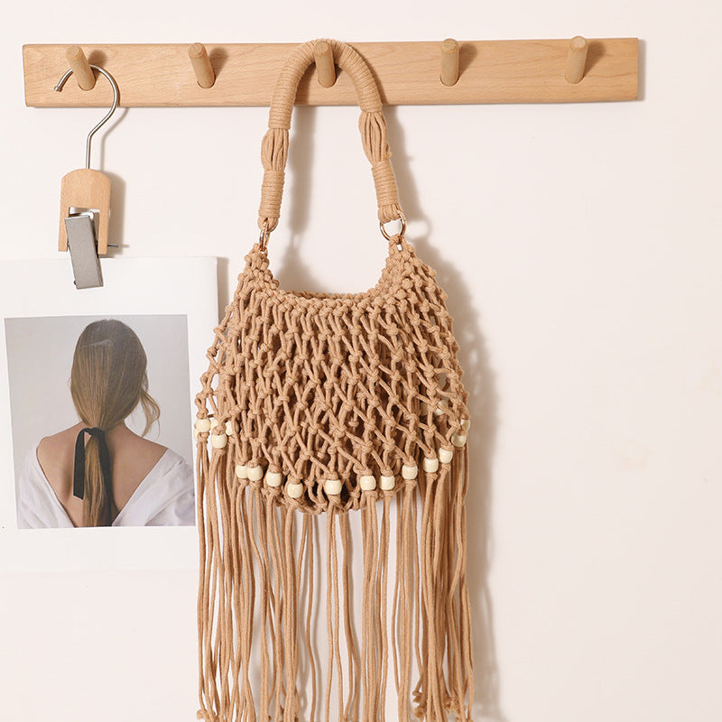 Macrame bag with decorative fringes and wooden beads LoungeYard — product view 6