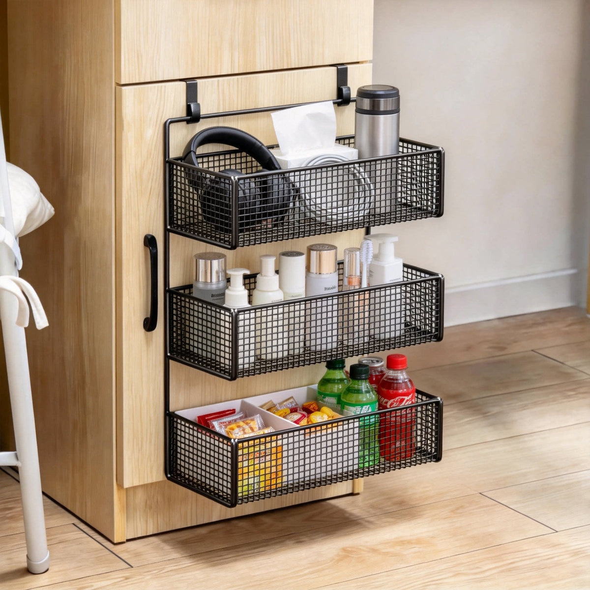 Over-Cabinet Three-Tier Mesh Hanging Pantry Organizer with Removable Baskets — product view 1