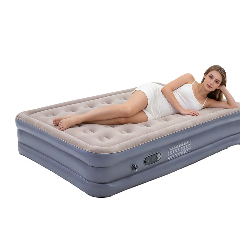electric inflatable single air mattress with integrated auto pump, flocked tufted sleeping surface and raised edge support LoungeYard — product view 3