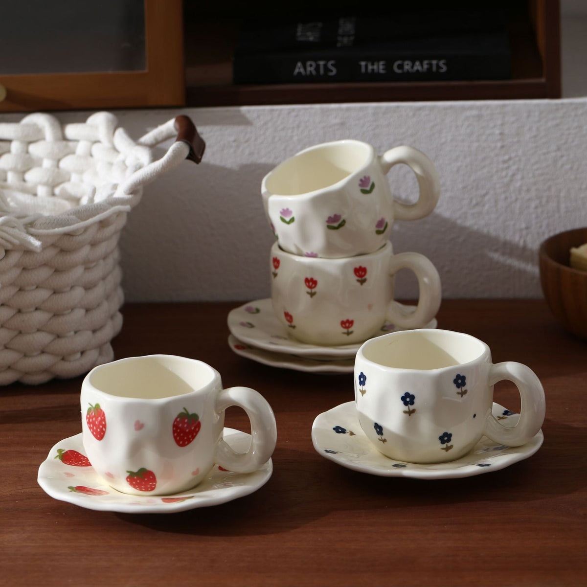Ceramic mug with hand-painted tulip pattern and organic shape — product view 3