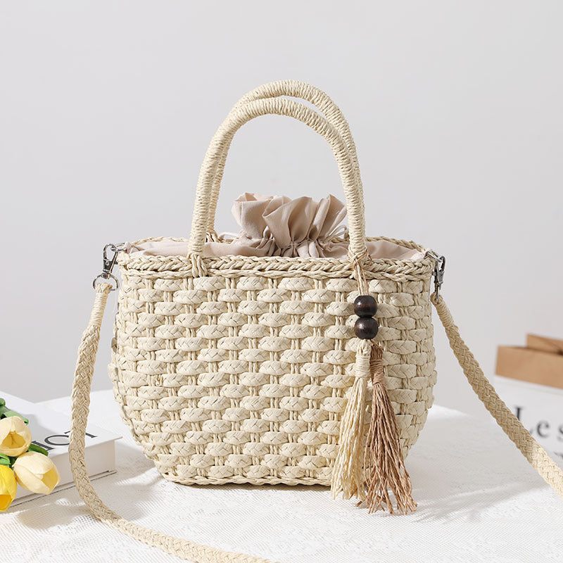 Handcrafted Macrame Tote Bag with Decorative Drawstring LoungeYard — product view 1