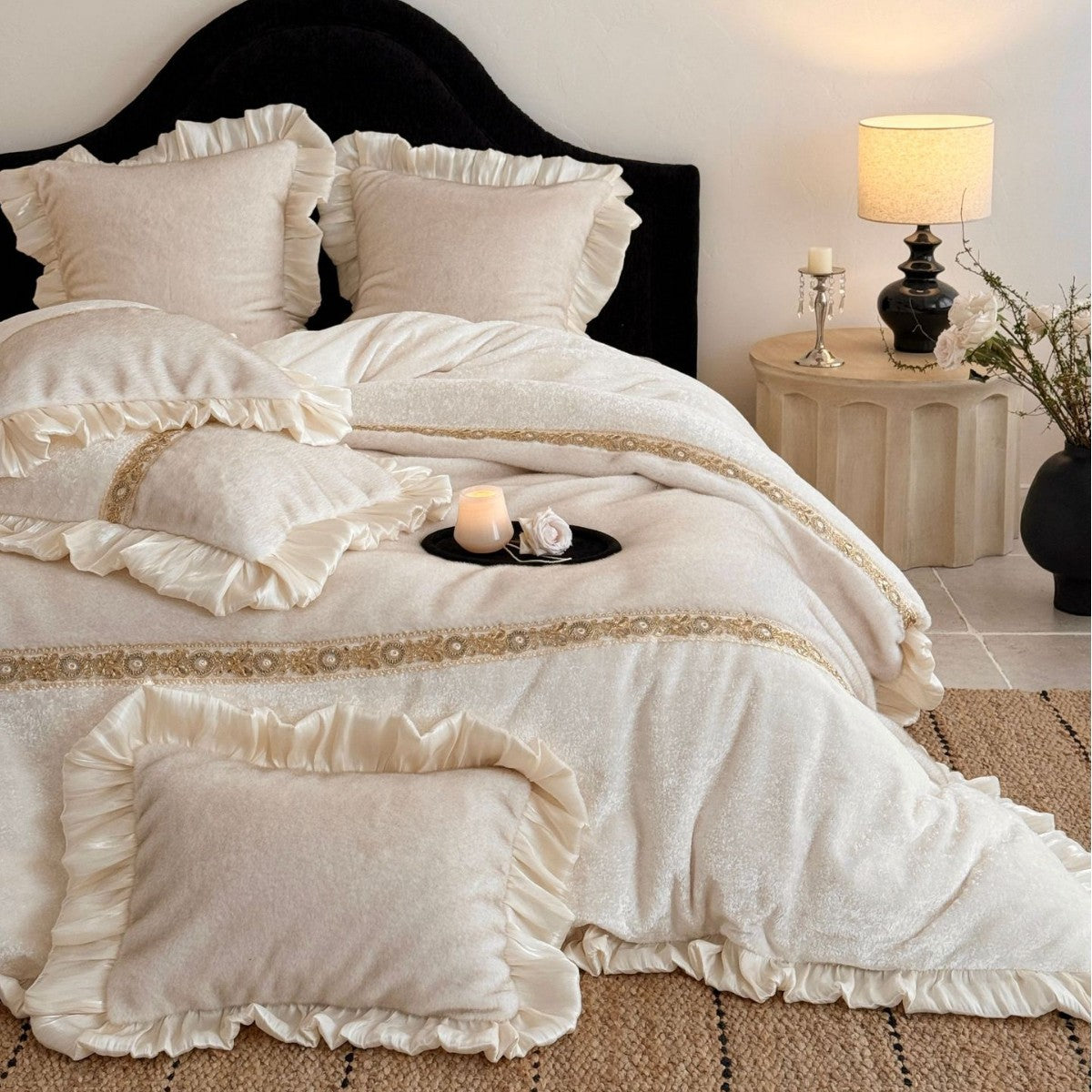 Romantic velvet bedding set with gathered satin frills and decorative ribbon — product view 3