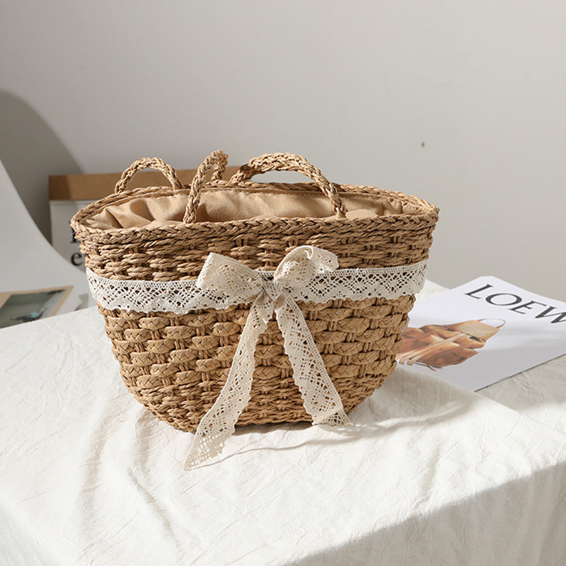 Elegant basket bag with decorative lace ribbon LoungeYard — product view 2