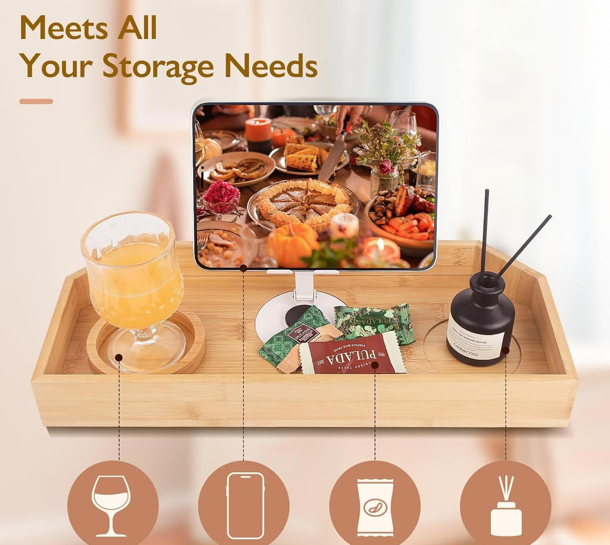 Adjustable Bamboo Bathtub Caddy With Foldable Tablet Stand And Drink Holder LoungeYard — product view 4
