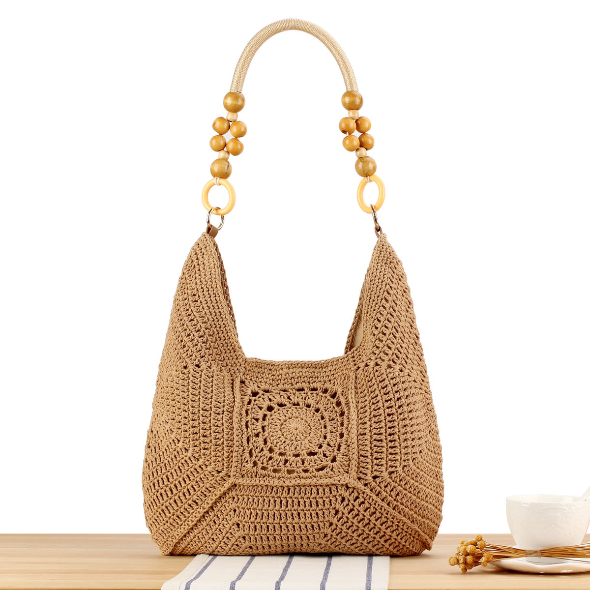 Handbag Made of Hand-Knotted Natural Material with Stylish Wooden Handles LoungeYard — product view 5
