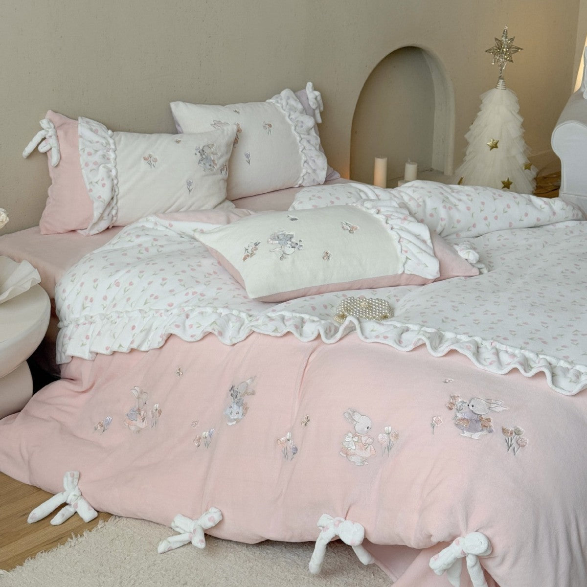 Children's bedding set with ruffles, bows and embroidered rabbit appliqués LoungeYard — product view 2