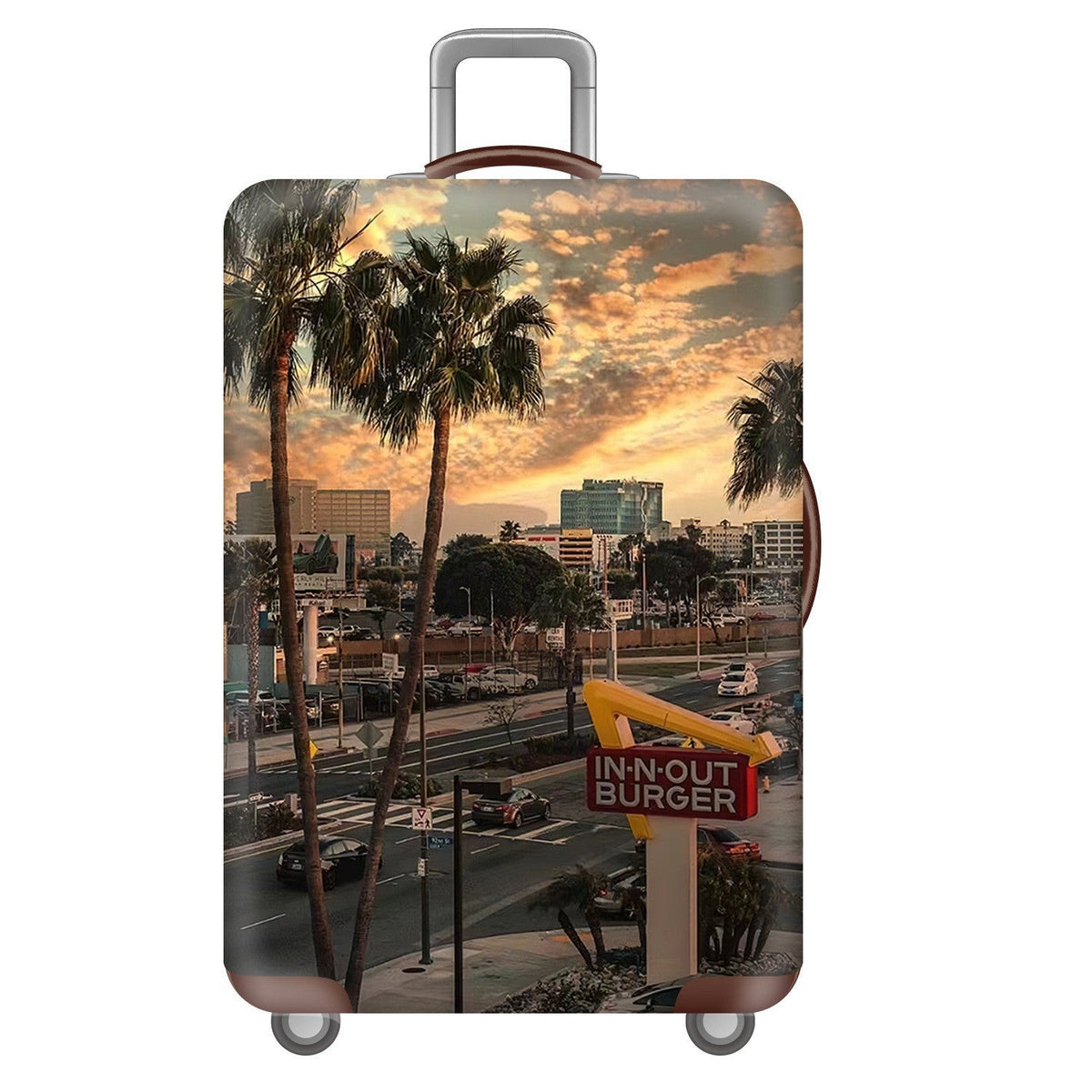 Unisex nan hard shell suitcase trolley with large landscape motif print and multidirectional wheels LoungeYard — product view 2