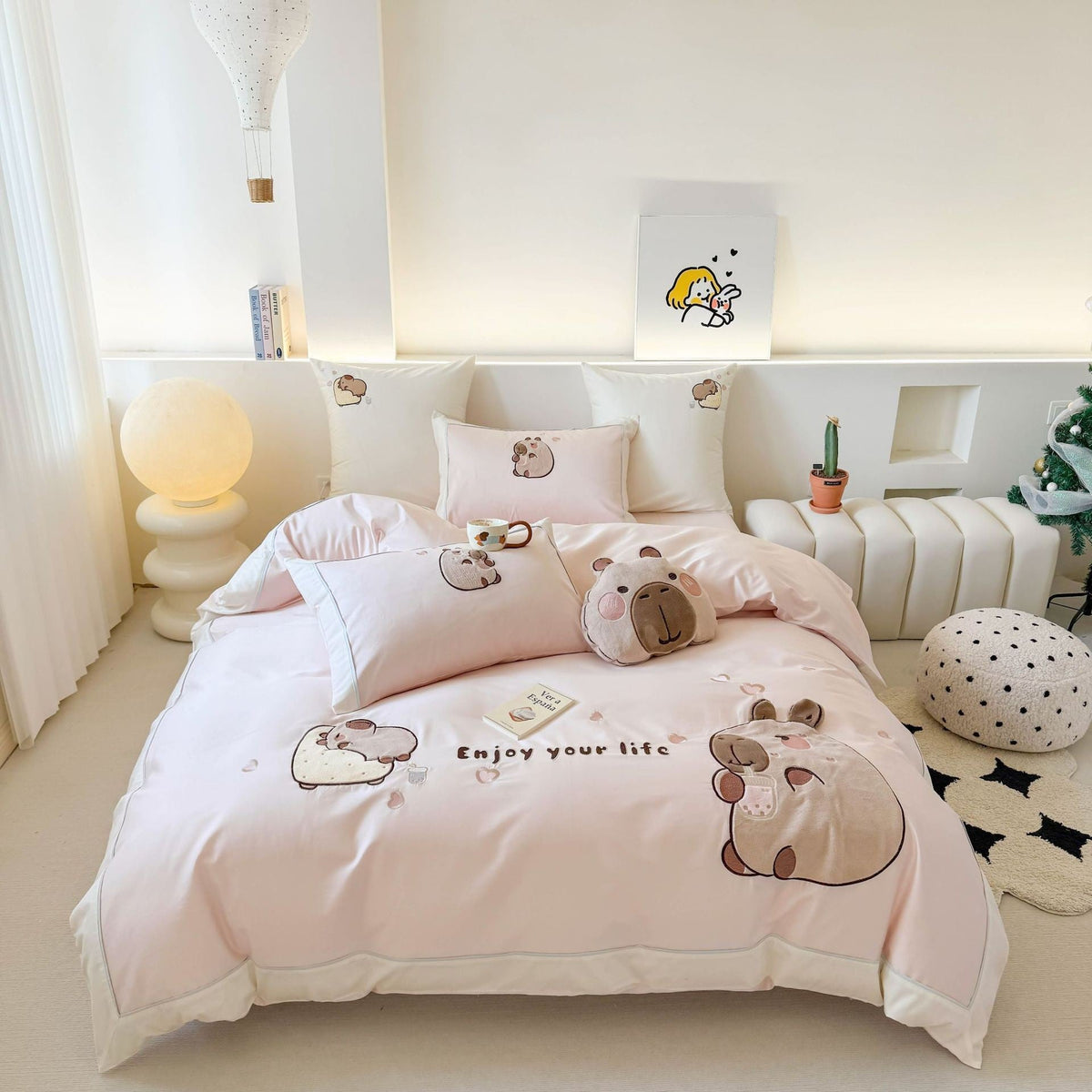 Kawaii bedding set with appliquéd plush bears and breathable cotton satin — product view 6