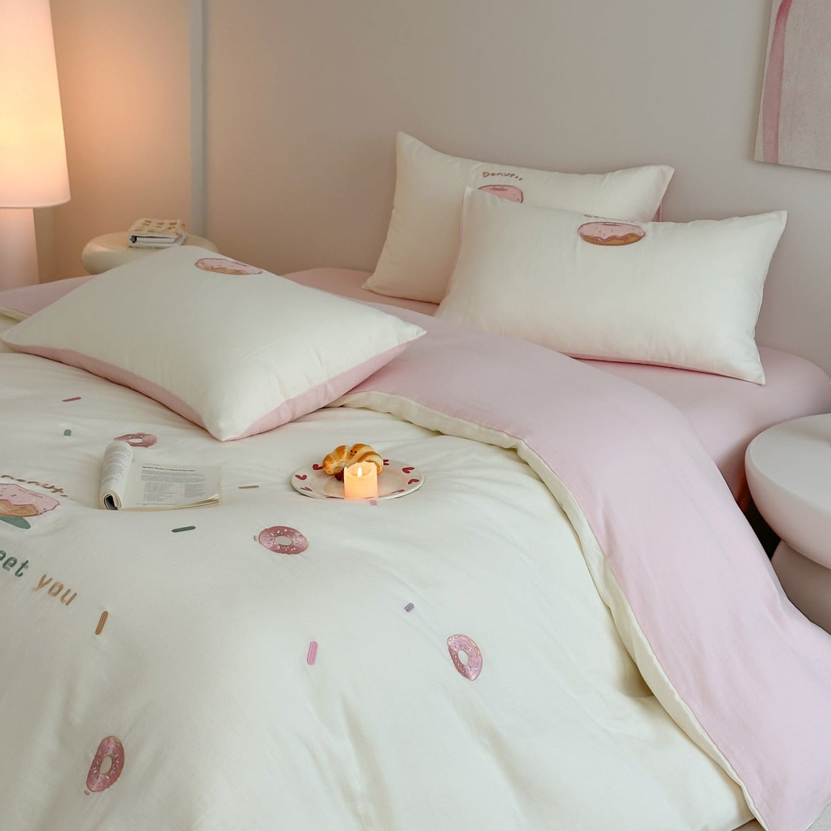 Cotton bedding set with embroidered donut motif and pillowcases LoungeYard — product view 2