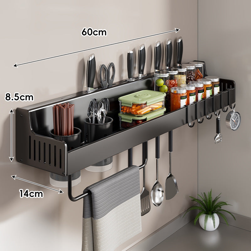 Wall-Mounted Stainless Steel Kitchen Rail with Knife Slots Spice Jar Shelf Multi-Hook Towel Bar — product view 3