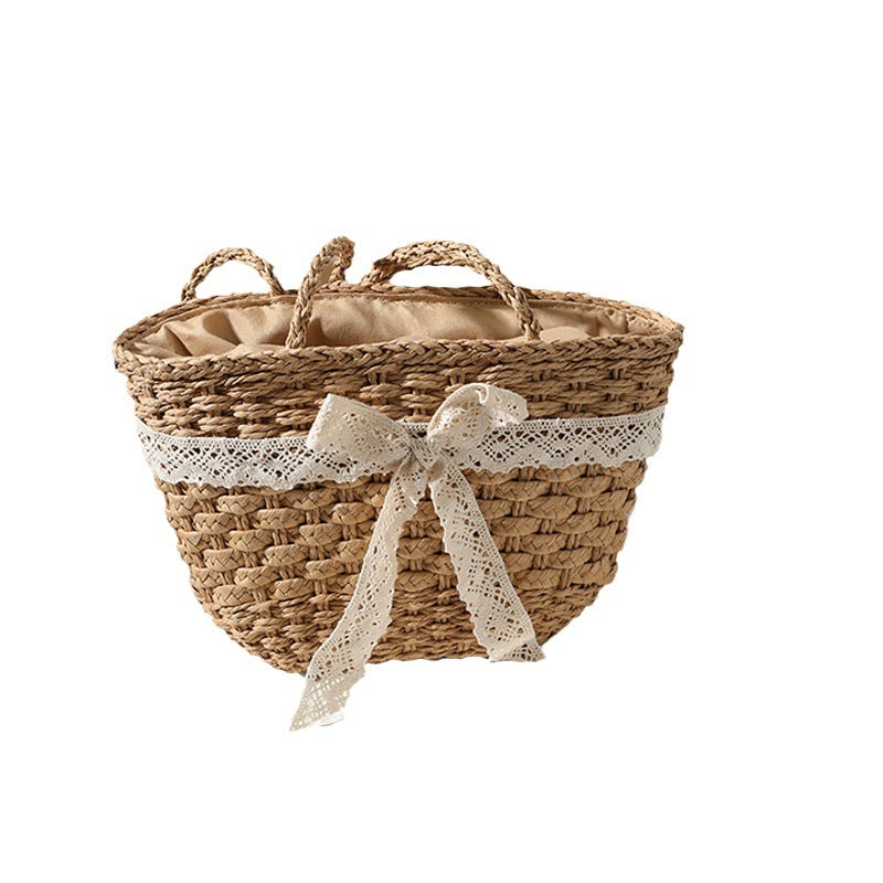 Elegant basket bag with decorative lace ribbon LoungeYard — product view 5