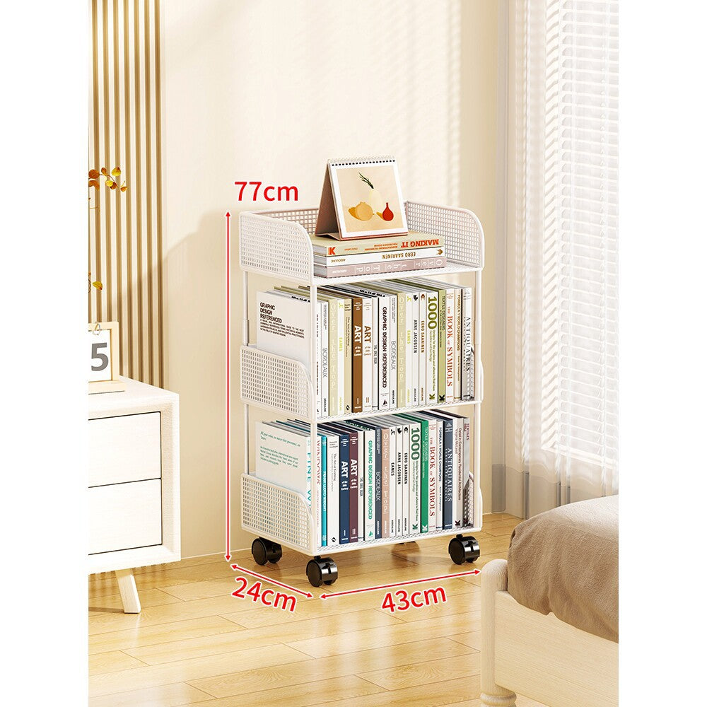Narrow Mesh Mobile Bookcase with Deep Wire Baskets and Locking Swivel Casters — product view 3