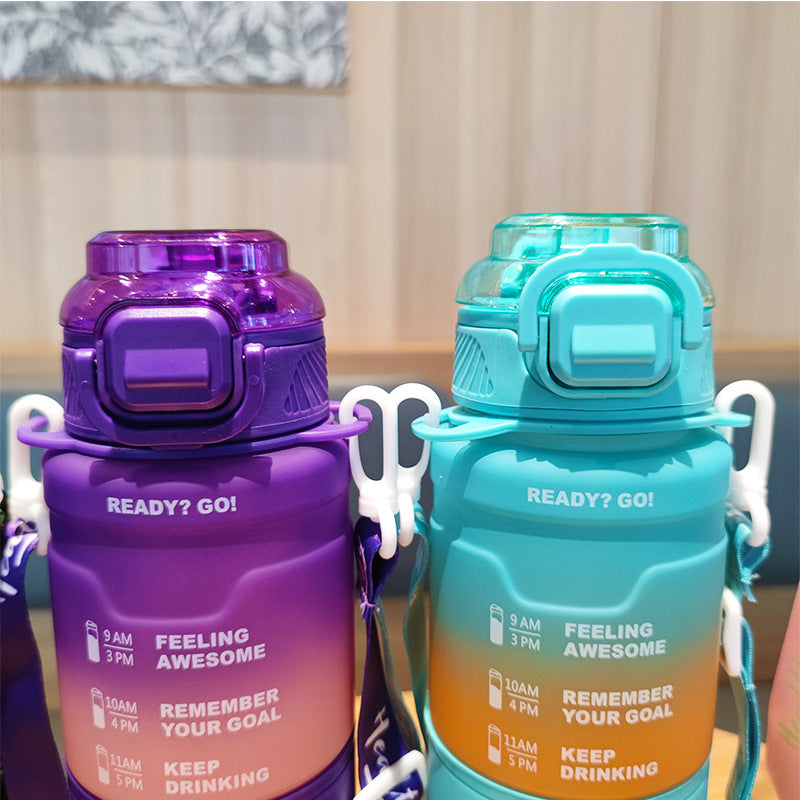 Women's motivation water bottle with time display and shoulder strap LoungeYard — product view 2
