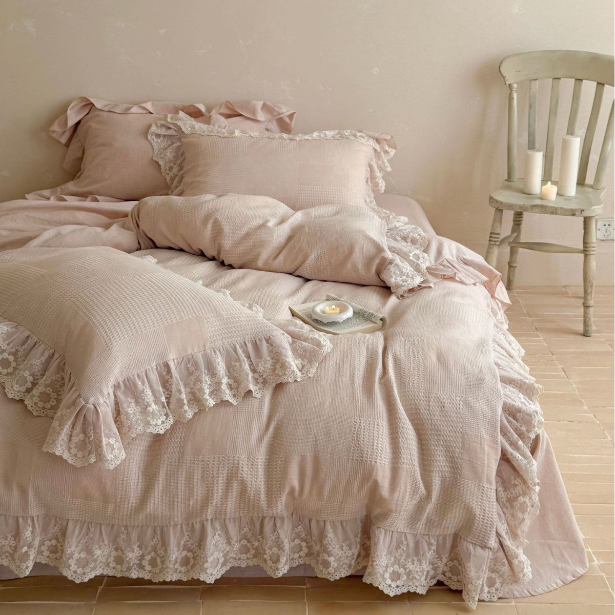 Cotton waffle bedding with floral lace ruffle and wavy hem — product view 4