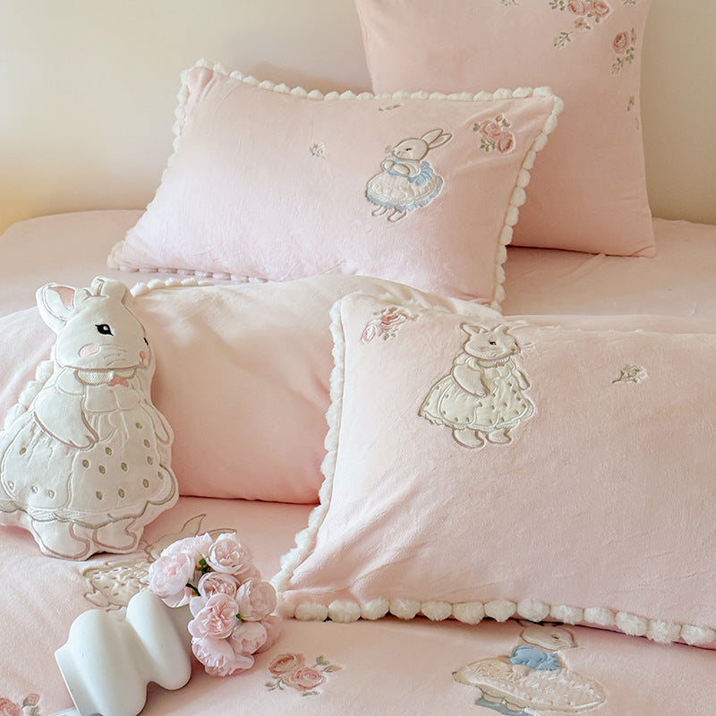 Cute cotton bedding set with embroidered bunny appliqués and pom-pom trim — product view 4