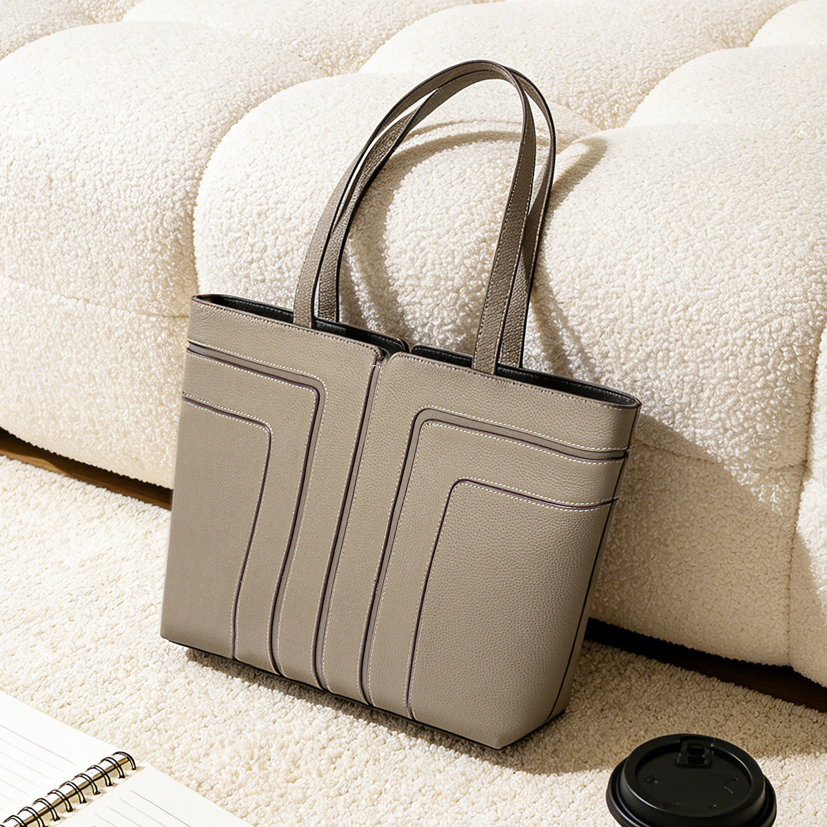 Structured Vertical-Panel Pebbled Tote Bag — product view 3