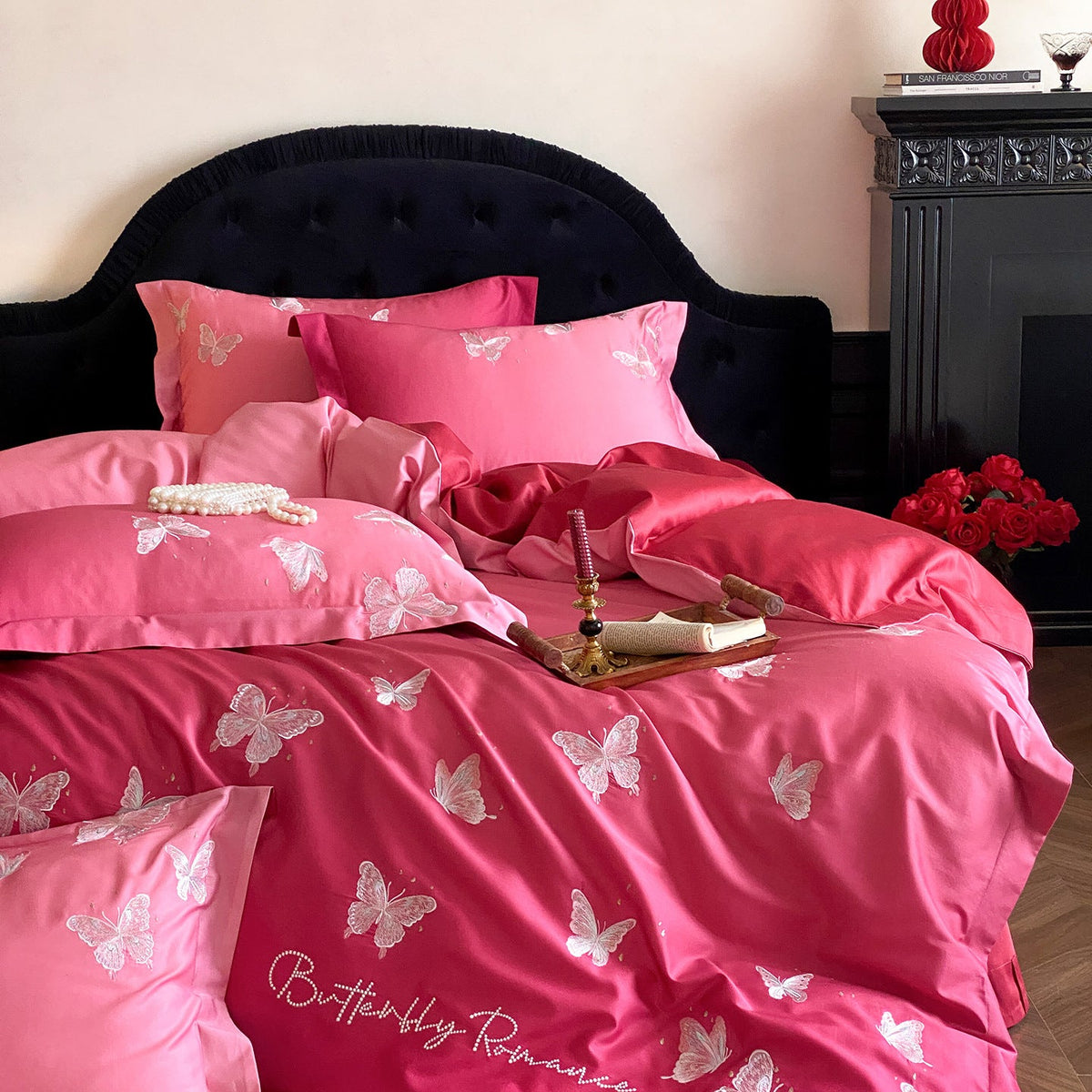 Luxury satin bedding set with embroidered butterfly appliqués LoungeYard — product view 6