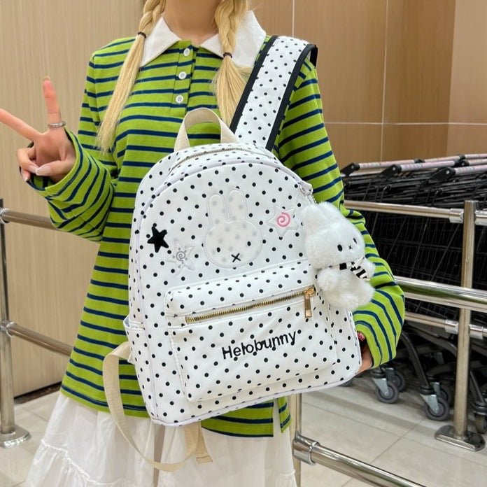 Polka Dot Cartoon-Themed Backpack with Plush Charm LoungeYard — product view 2