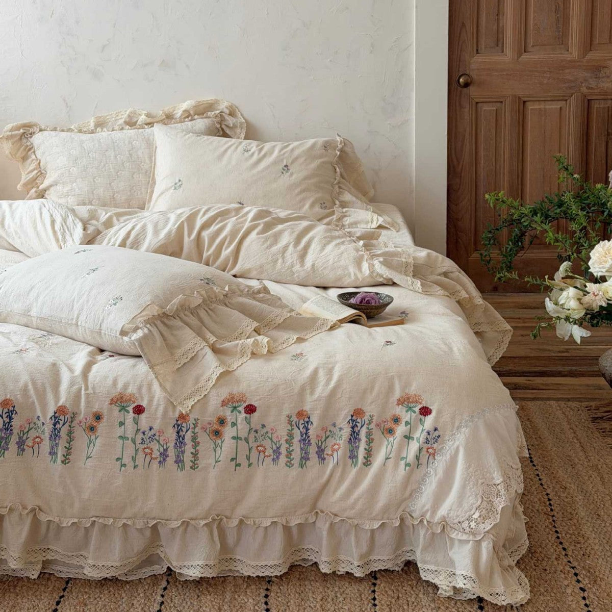 Romantic linen-cotton bedding set with embroidered floral border and ruffle — product view 5