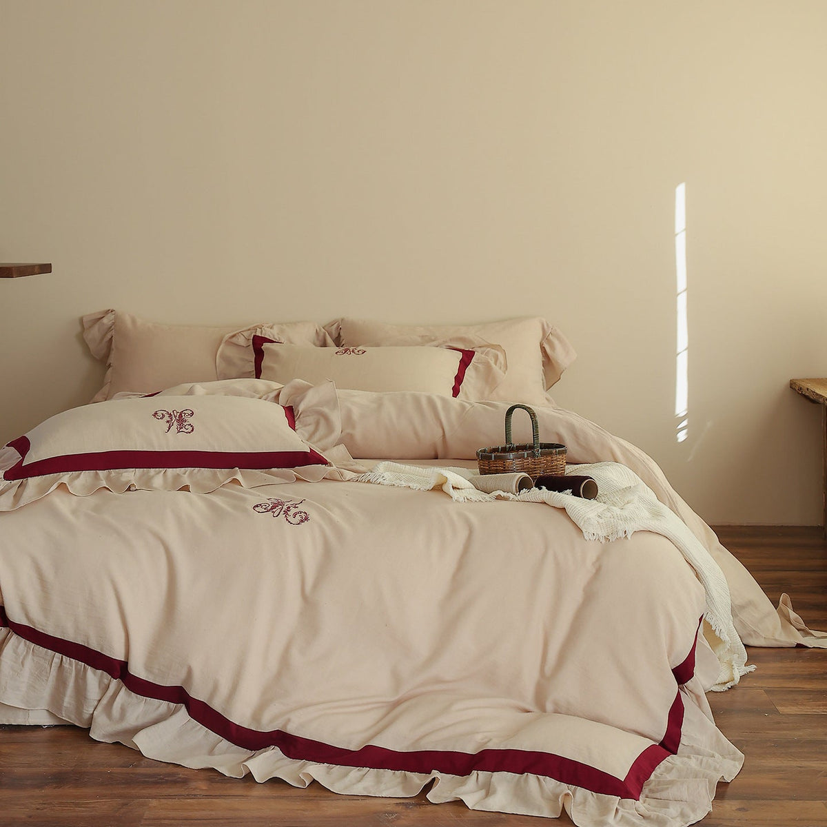 Romantic cotton-linen bedding set with ruffle, monogram embroidery, and contrasting trim LoungeYard — product view 1