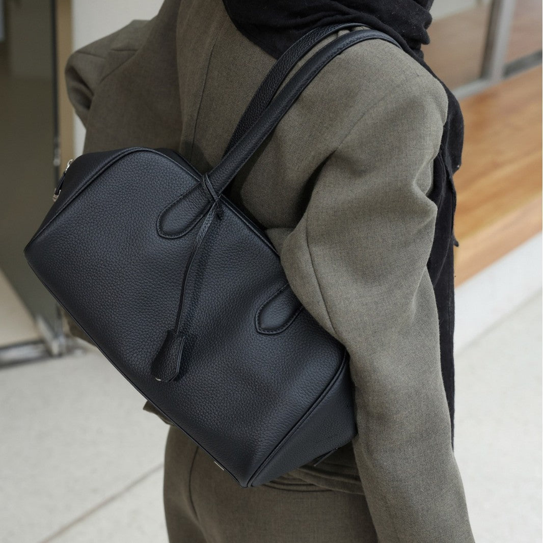Pebbled Leather Barrel Top-Handle Satchel with Dual Shoulder Straps — product view 3