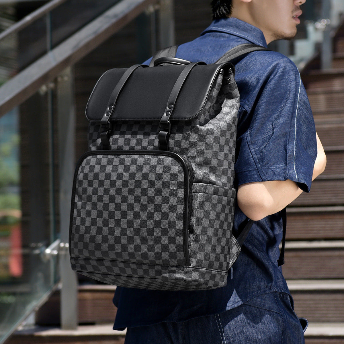 Stylish Checkerboard Pattern Backpack LoungeYard — product view 1