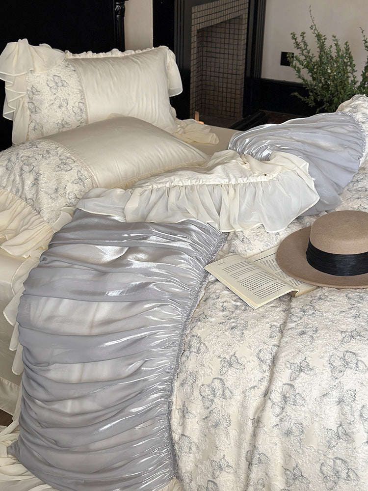 Luxury bedding set with gathered satin decor, floral jacquard duvet & ruffle cushion — product view 6
