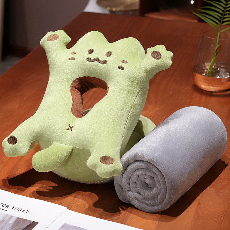 Plush neck pillow with head opening and rollable cuddle blanket set — product view 3