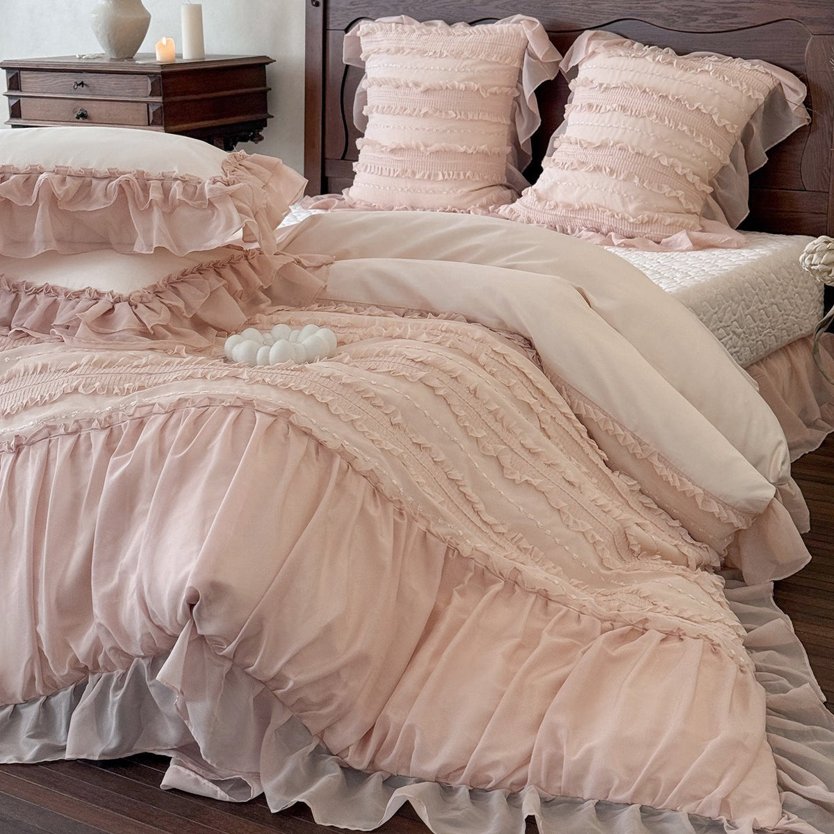 Romantic bedding complete set with ruffled bedspread, ruffle bed skirt, and decorative pillow — product view 1