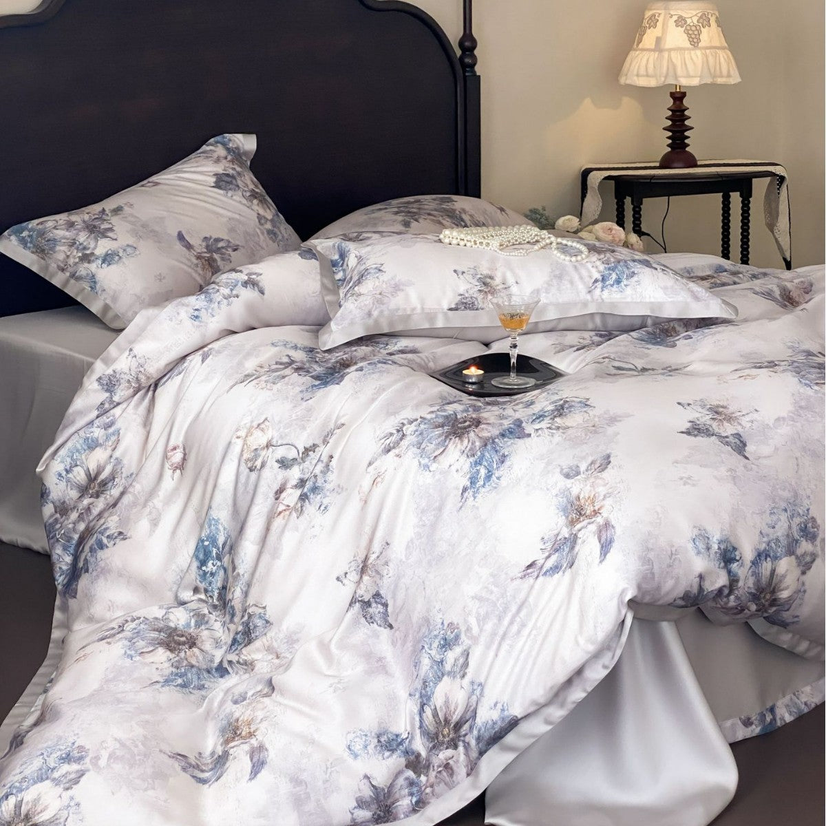 Luxurious satin bedding with floral watercolor print — product view 4