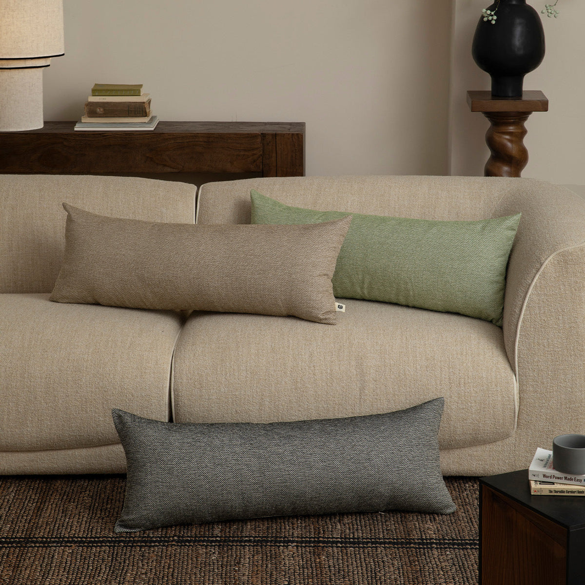 Long orthopedic lumbar support cushion in linen look — product view 2