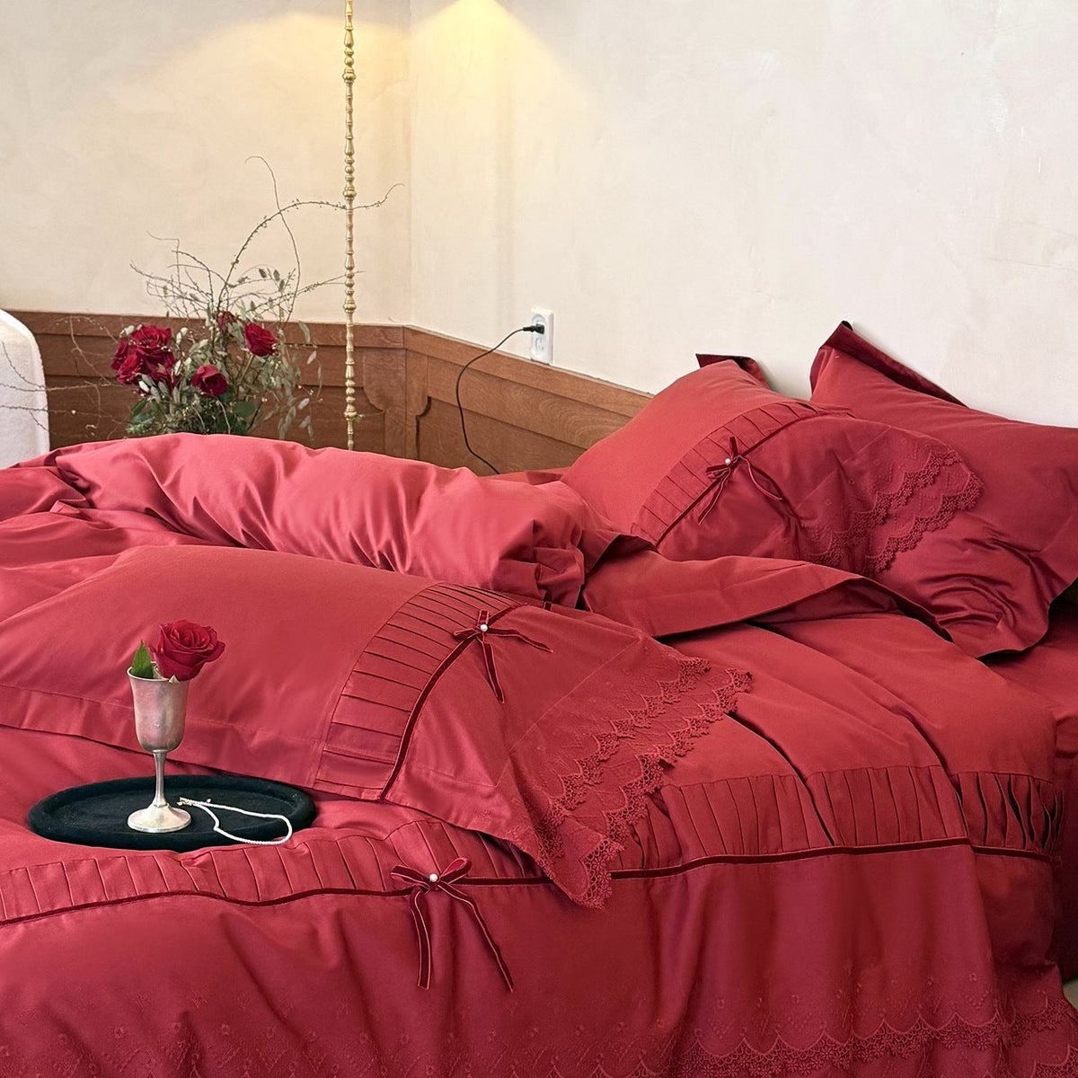 Luxurious bed linen set with lace edging, ruffles, and decorative bows LoungeYard — product view 3