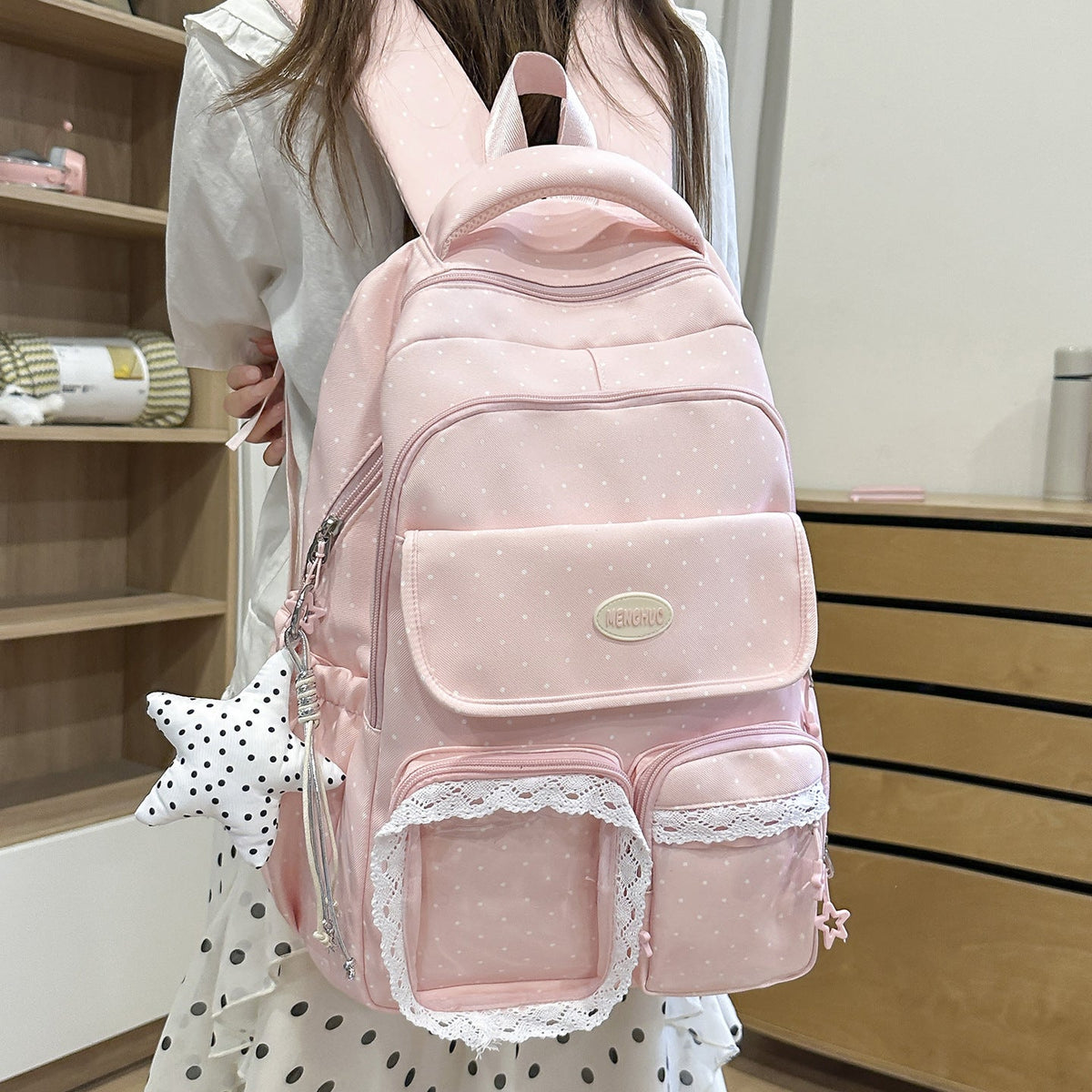 Cute Decorative Polka Dot School Backpack LoungeYard — product view 3