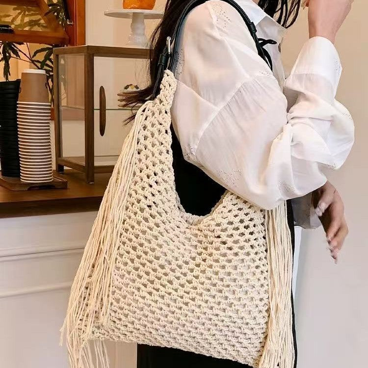 Handcrafted Stylish Tote Bag with Fringes LoungeYard — product view 3