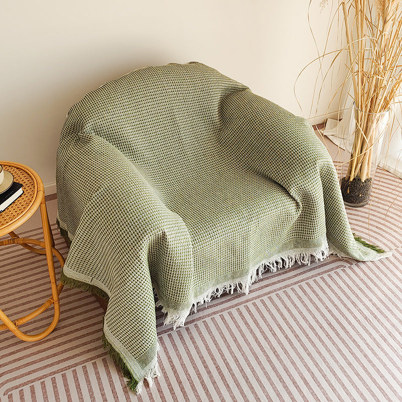 Waffle-Weave Fringed Throw Blanket LoungeYard — product view 4