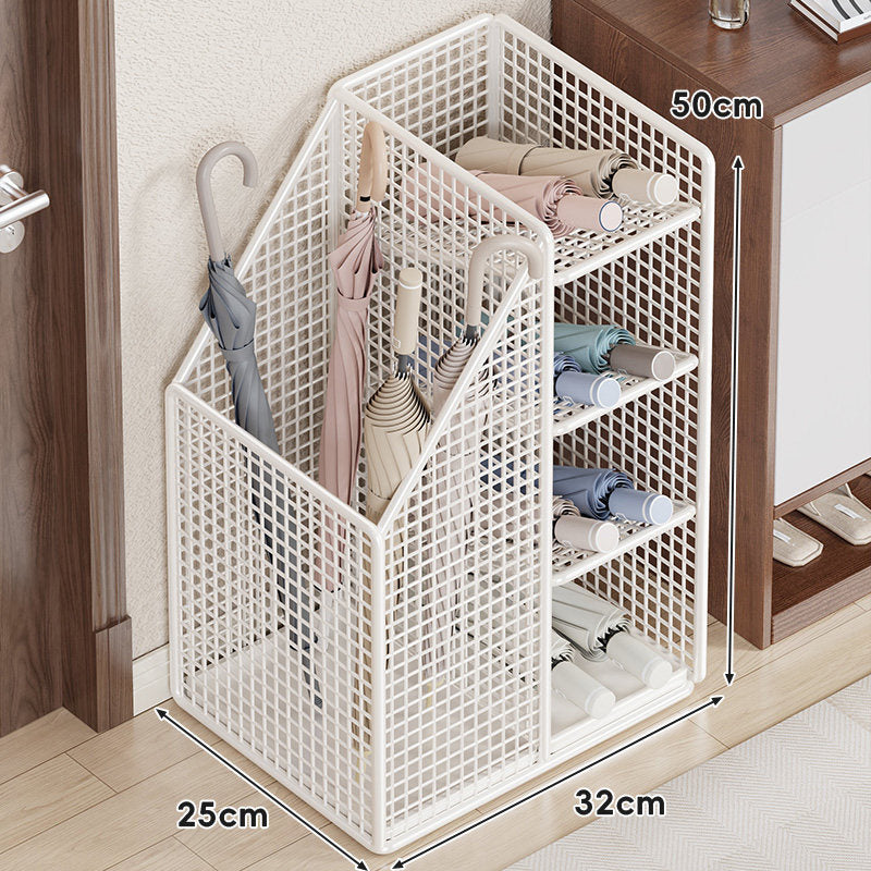 Metal Mesh Entryway Umbrella Stand with Vertical Compartments and Multi-Tier Rolled-Umbrella Shelves — product view 3
