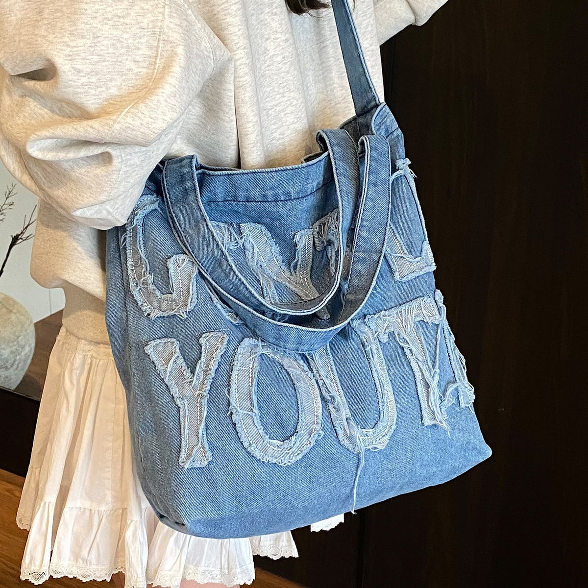 Distressed Denim Graphic Tote Bag — product view 2