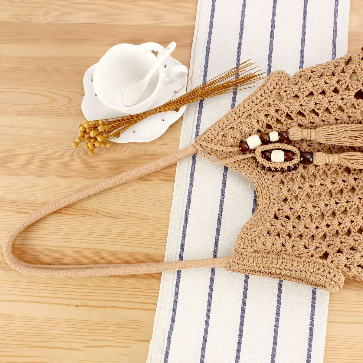 Handmade Macramé Tote Bag with Floral Crochet Work LoungeYard — product view 2