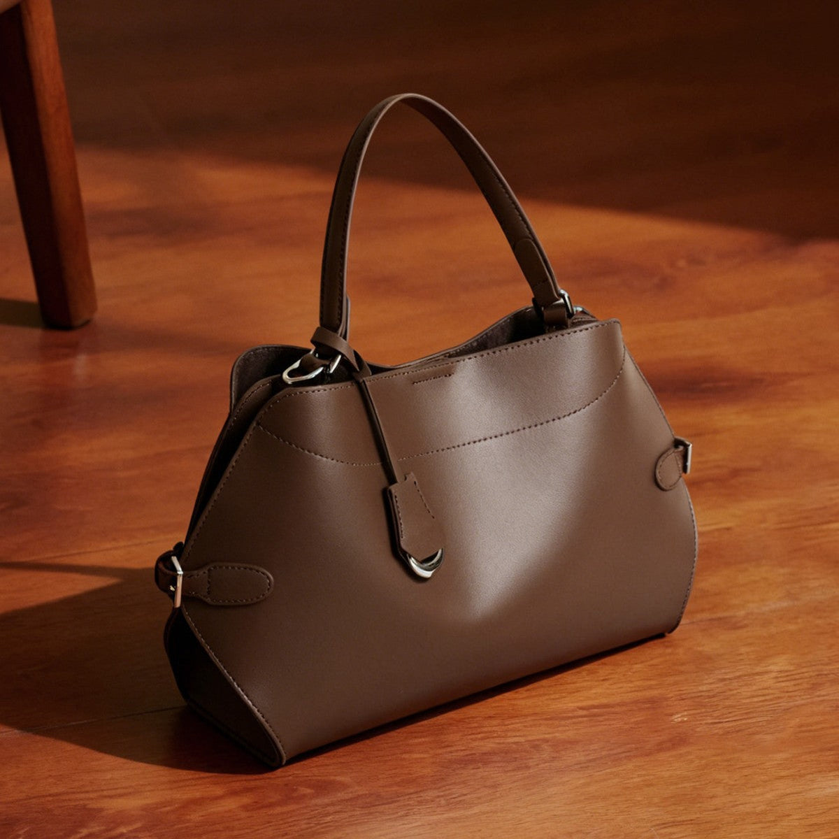 Structured Smooth Leather Top-Handle Tote Bag with Silver Hardware — product view 3