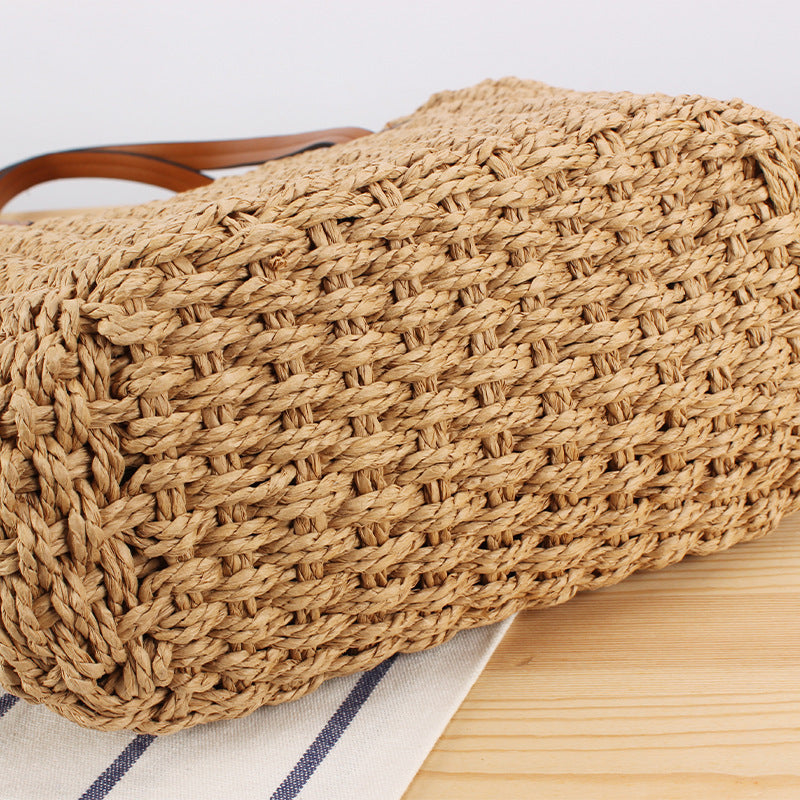 Durable straw tote bag with sturdy leather handles LoungeYard — product view 2