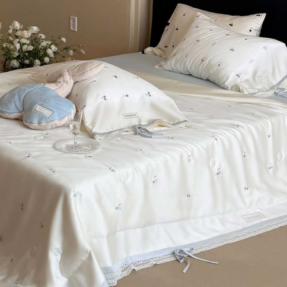 Luxurious cotton satin bedding set with cherry print, lace trim and frill — product view 7