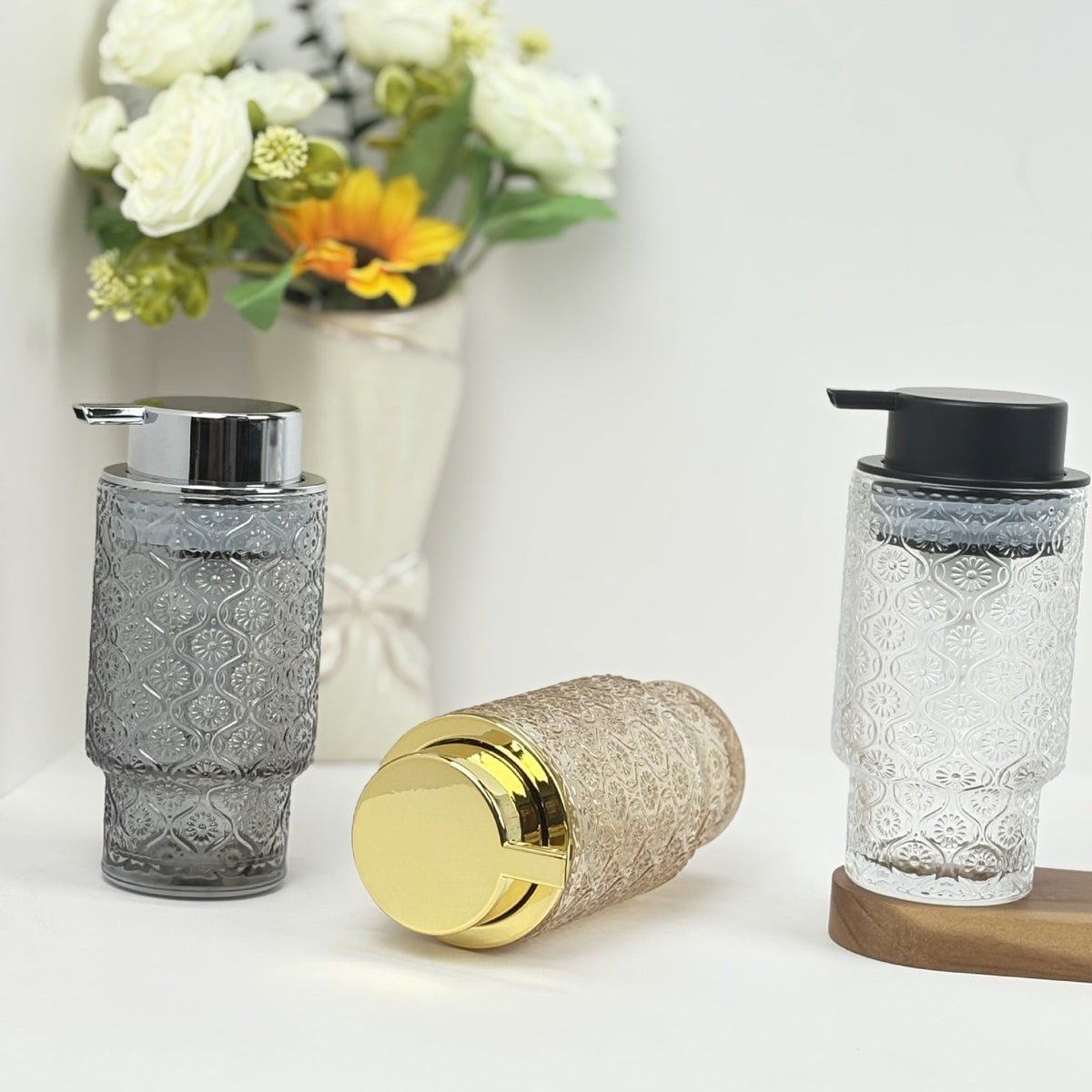 Embossed vintage glass vanity organizer set with pump dispenser and toothbrush cup LoungeYard — product view 4