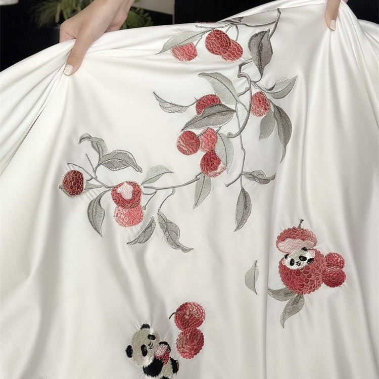 Embroidered cotton satin bed linen set with floral apple and panda appliqué LoungeYard — product view 4