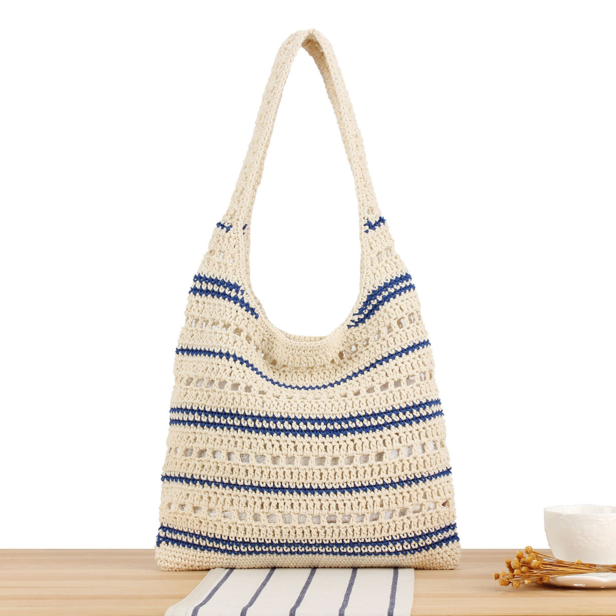 Braided Macrame Shoulder Bag with Modern Stripes LoungeYard — product view 1