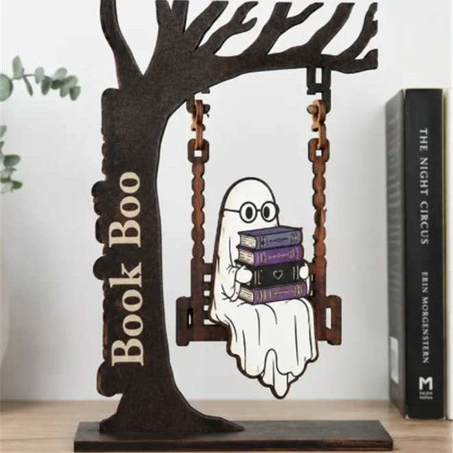 Whimsical Ghost and Cat Hanging Sign Sculpture Bowlift — product view 7