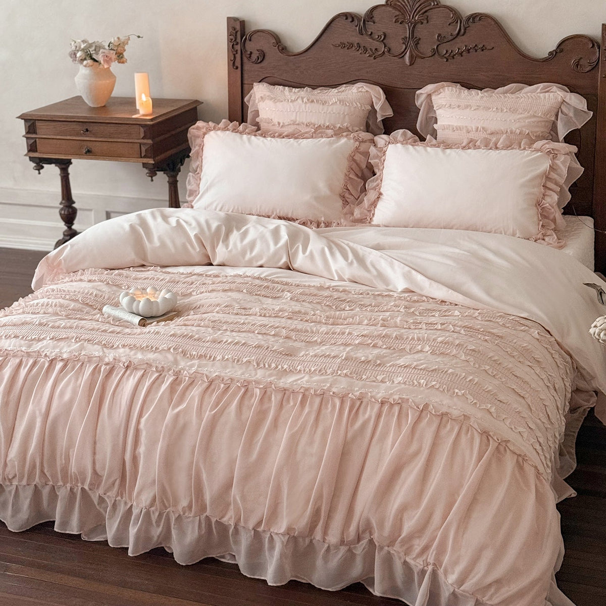 Romantic bedding complete set with ruffled bedspread, ruffle bed skirt, and decorative pillow — product view 6